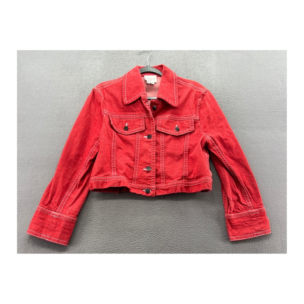 Colovos Jacket Womens M Red Cropped Denim White Contrast Stitch Trucker USA